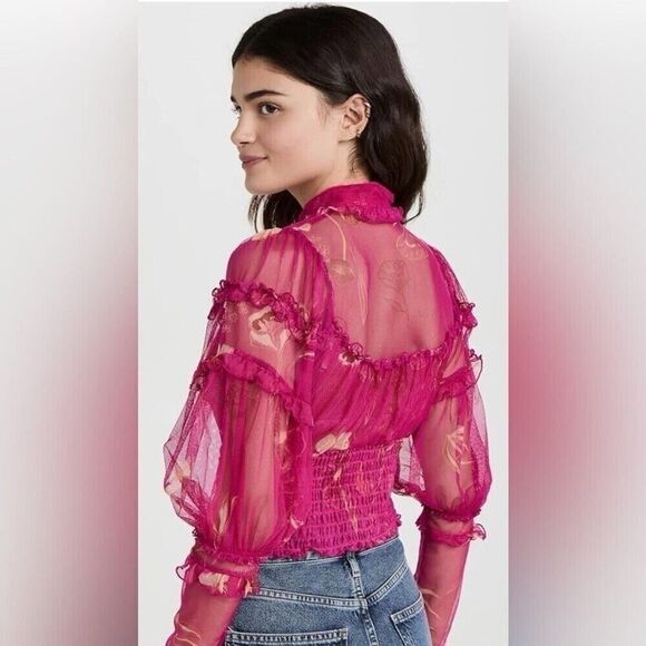 Free People “Women’s Time To Shine”Mesh Top w/Brass Buttons Fuchsia Size S - Picture 5 of 9